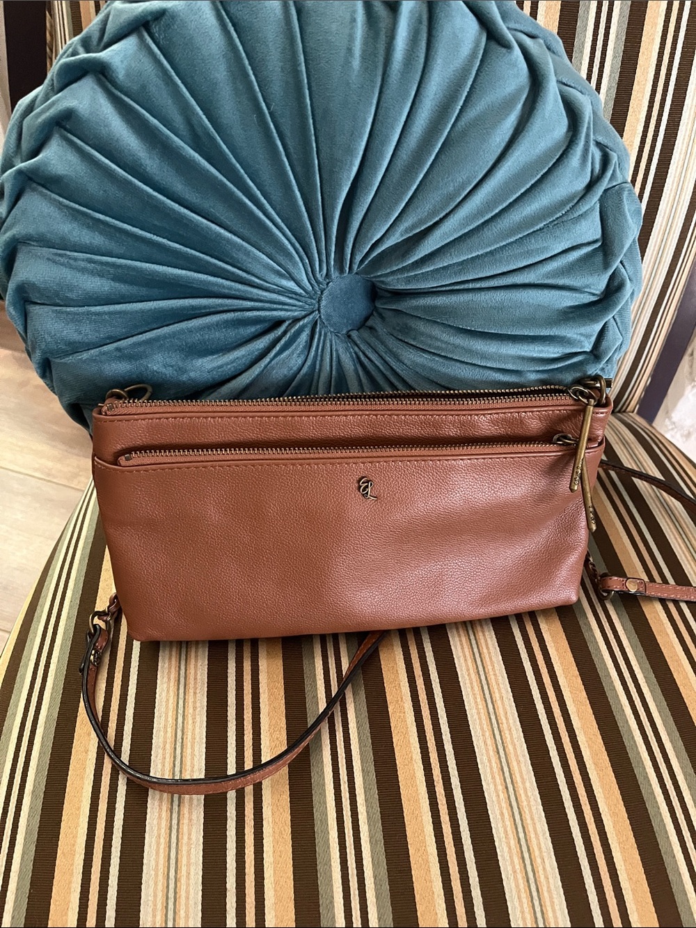 Elliott Lucca Tan Brown Pebbled Leather Chain-Accent Crossbody